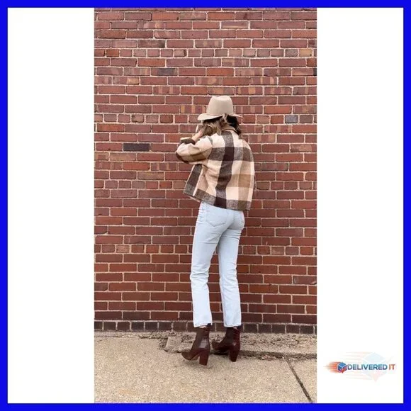 Cropped Flannel Shacket Plaid Button Down Jacket Women's Tops